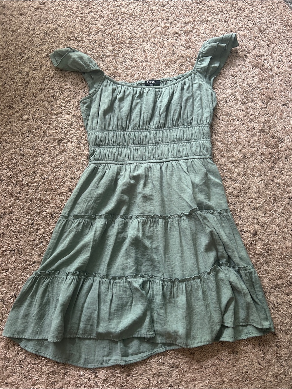 Trixxi Sage Green Tiered Mini Dress
